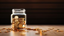 Coins in a glass jar on wooden background. Saving concept.