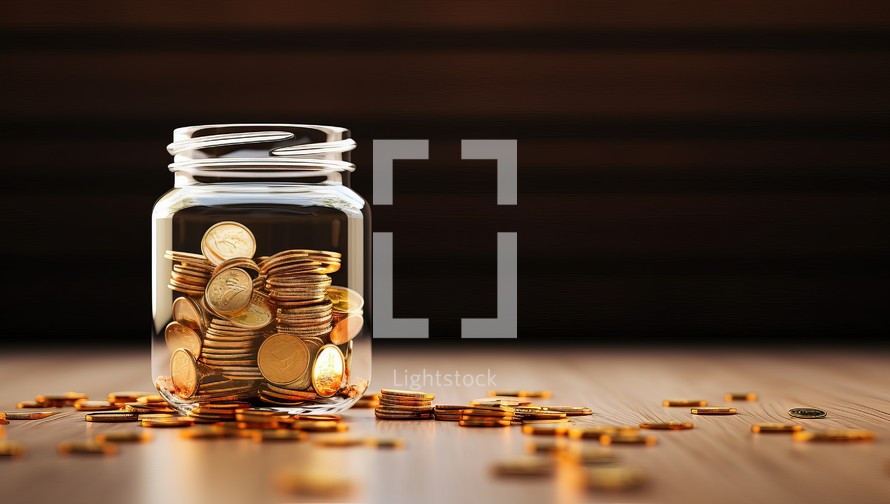 Coins in a glass jar on wooden background. Saving concept.
