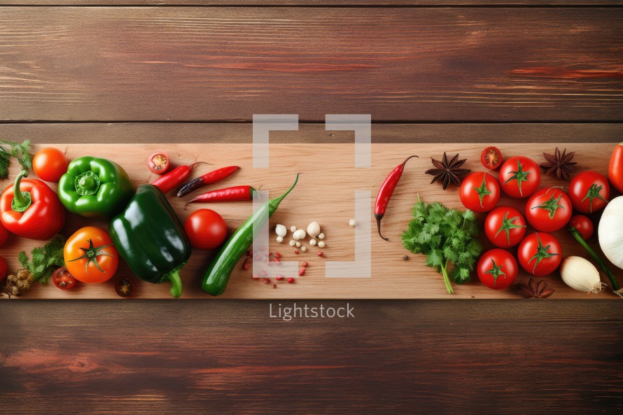 Fresh vegetables and spices on wooden cutting board. Top view with copy space