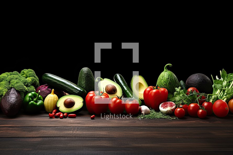 Fresh vegetables on wooden table. Healthy eating concept. Black background.