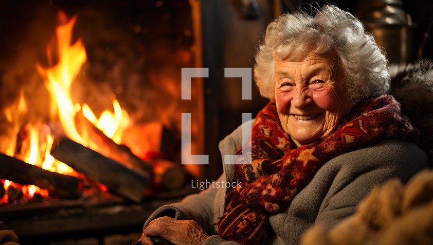 Smiling elderly woman sitting in front of a fireplace at home.