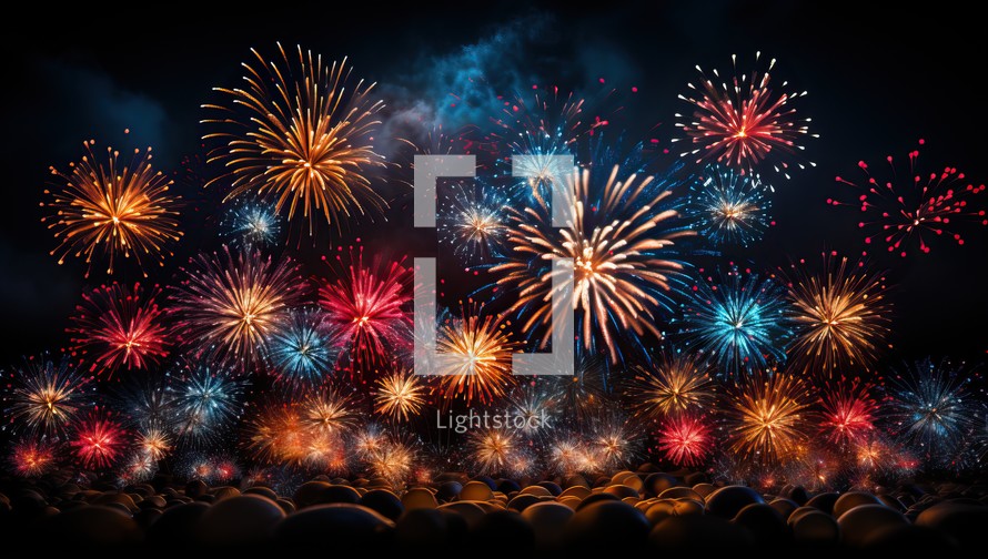 Colorful fireworks of various colors over night sky background with copy space