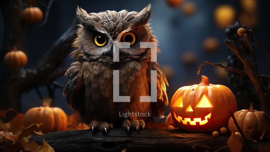 Halloween owl with pumpkins on dark background, halloween concept