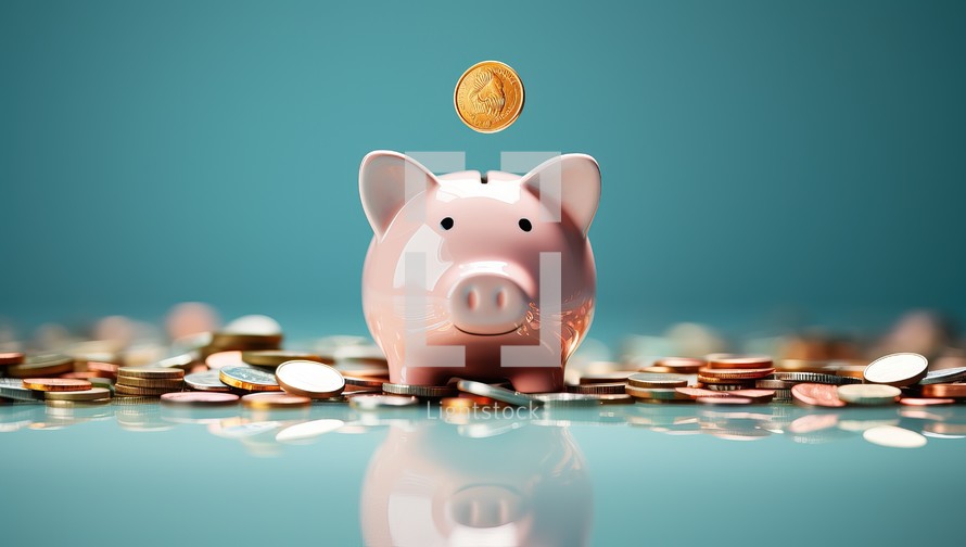 Piggy bank and coins on blue background.