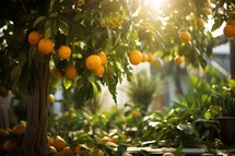 Oranges on the tree in the garden with sunlight.