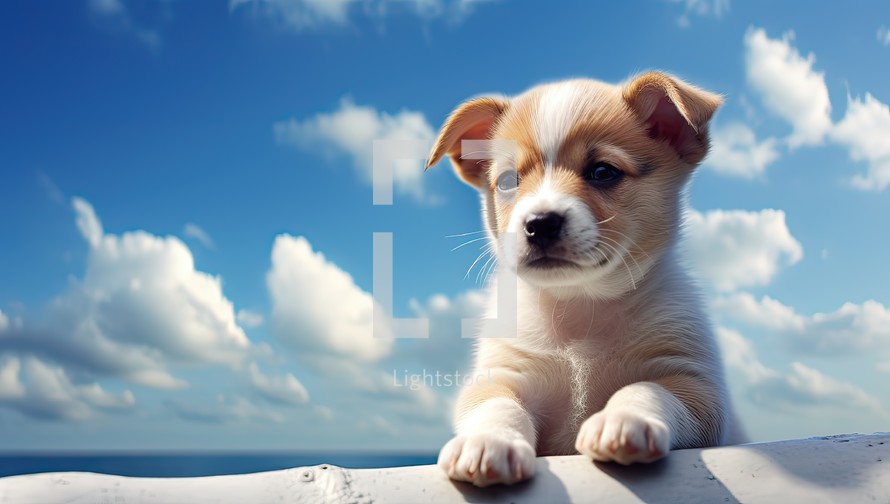 Cute puppy with blue sky and clouds on the background