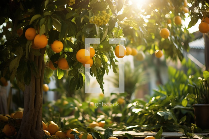 Oranges on the tree in the garden with sunlight.