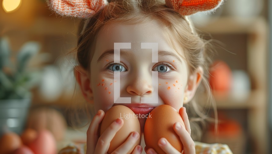 Little girl with bunny ears holding Easter eggs