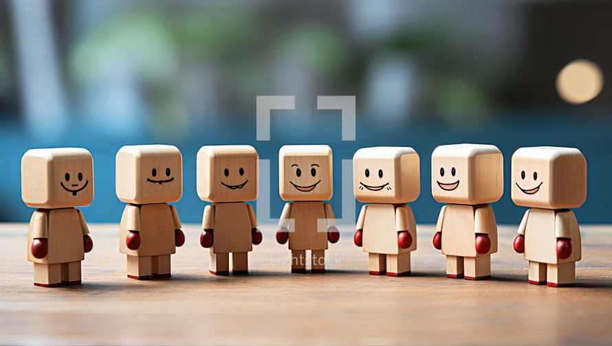 Wooden people with smiley face on wooden table. Business concept