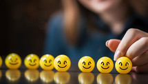 Woman hand putting yellow smiley face on row of yellow smileys.