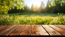 Wooden table in front of green meadow with grass and sun flare