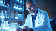 Scientist in lab. Confident mature man in lab coat and eyeglasses using digital tablet while working in the lab