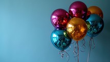 multicolored balloons on a blue background. space for text.