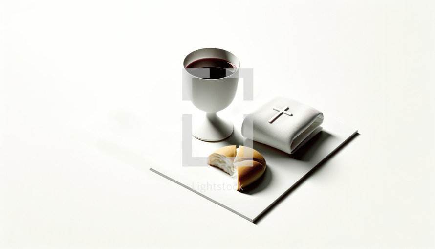 Eucharistic symbols. 3d rendering of a chalice of wine and bread on a stand with a white background. Vector illustration.	