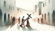Simon of Cyrene helps Jesus carry the Cross. Digital watercolor painting.