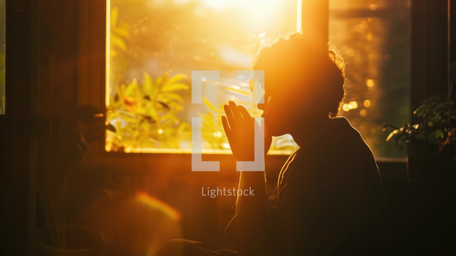 Silhouette of young man praying in front of window at home.