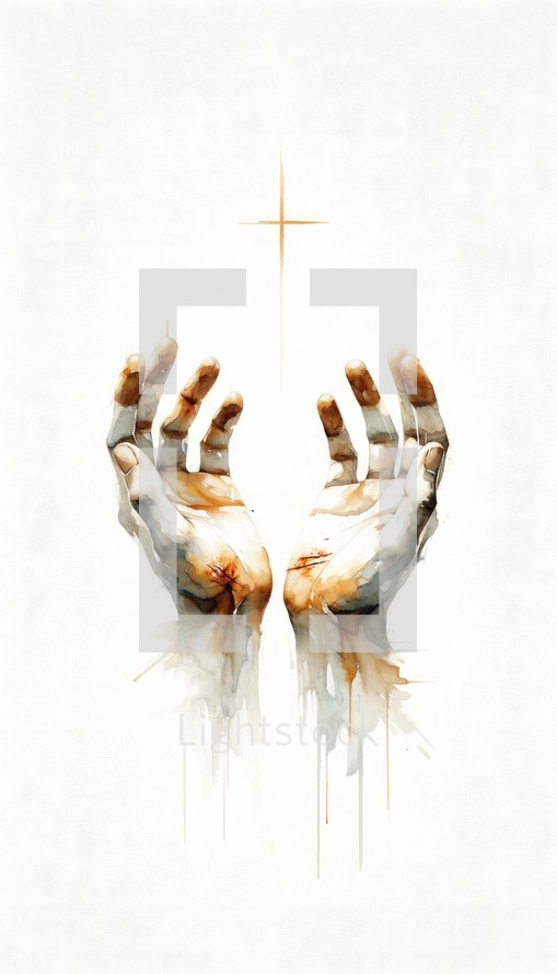 Sacred Scars: The Stigmata of Christ. Hands with a cross on a white background. Vector illustration.
