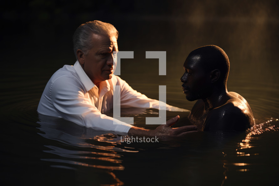 Baptism. A white Pastor baptize a young black man in the water at sundown