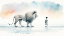 Innocence and majesty. Little kid with a big Lion symbolising Jesus. Watercolor illustration.	