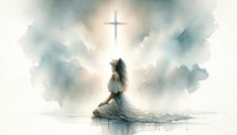 Young woman kneeling and looking at the cross in the sky. Digital watercolor painting.