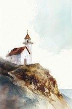 Digital watercolor painting of a church on a cliff, with a cloudy sky.