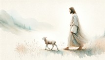 Digital painting of Jesus Christ walking with a lamb in the meadow.