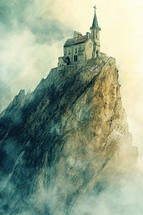 Church on the top of a mountain in the fog. Digital painting.