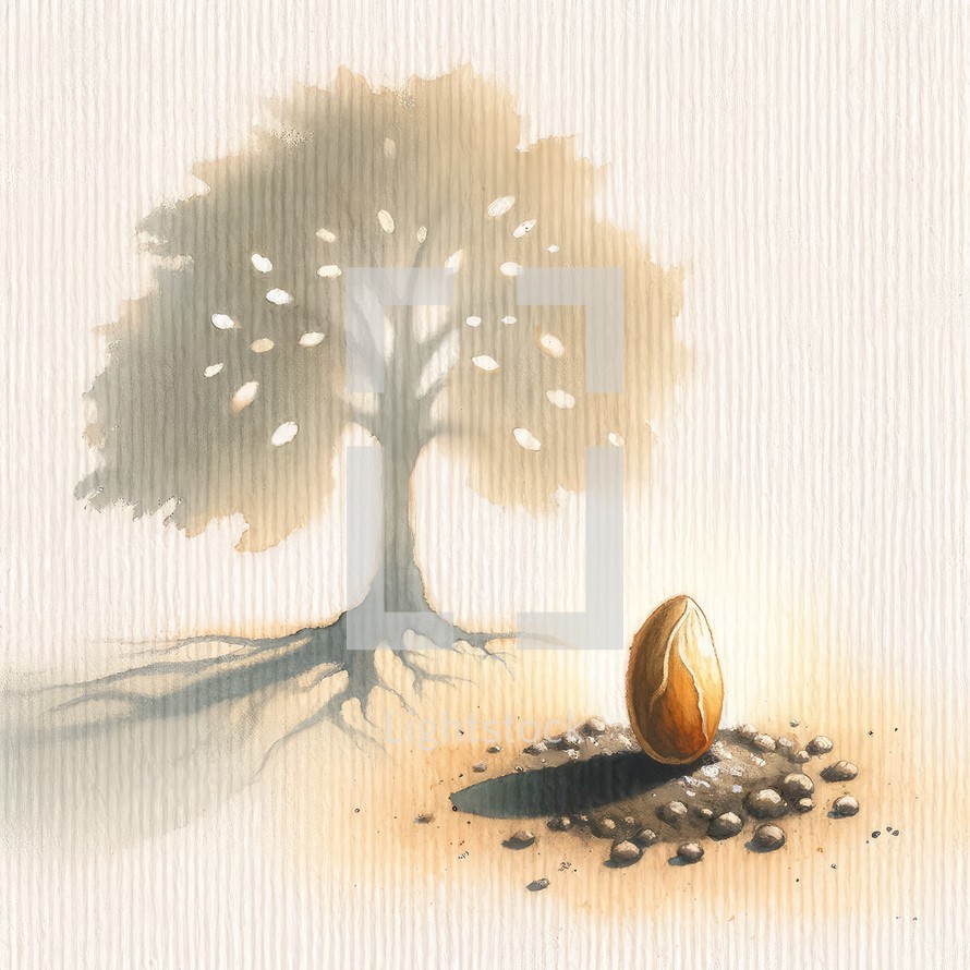 The mustard seed. Watercolor illustration of  a little seed and a big tree in the background