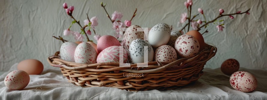 Easter eggs in a basket on a white tablecloth with spring flowers
