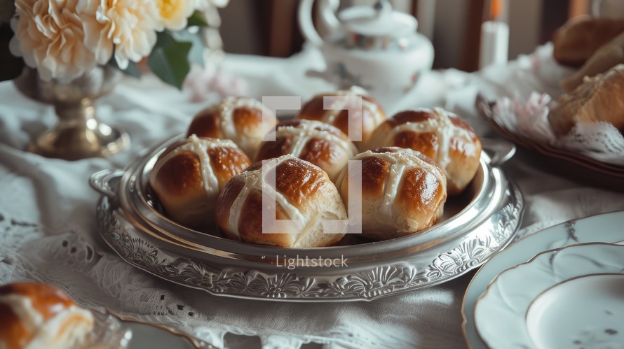 Easter. Good Friday. Hot cross buns on a silver tray on a white tablecloth