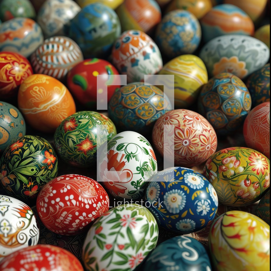 Painted easter eggs on a dark background, close-up