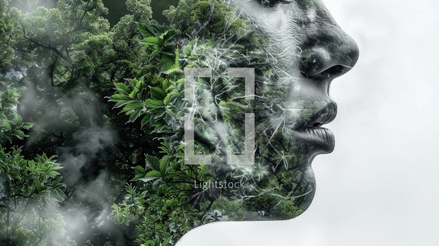 Environmental awareness. Double exposure of a woman's face with green leaves and clouds.