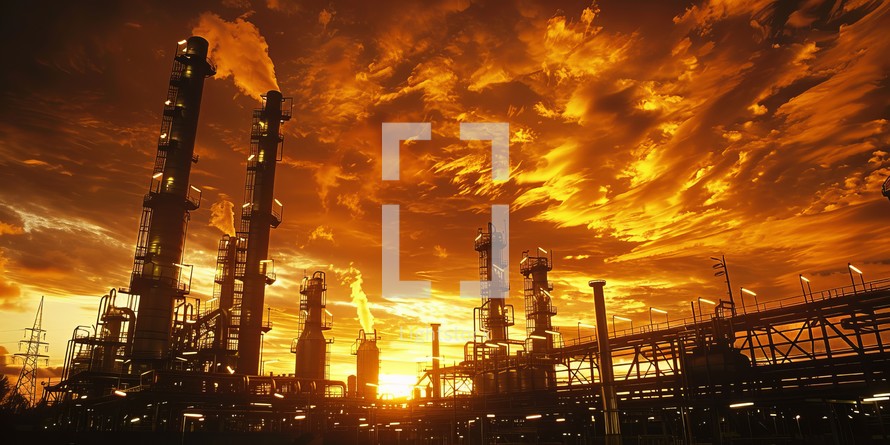 Oil refinery at sunset, petrochemical plant, petrochemical industry