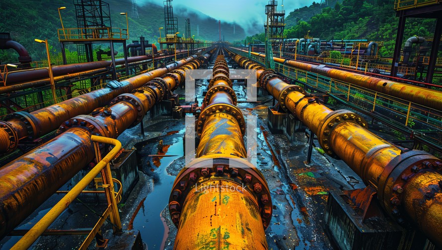 Pipes and valves of a petrochemical plant in the mountains