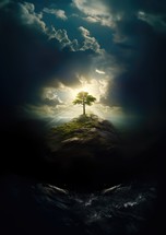 Lonely tree on a rock in the sea. Conceptual image