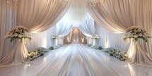 Elegant wedding aisle adorned with white floral arrangements
