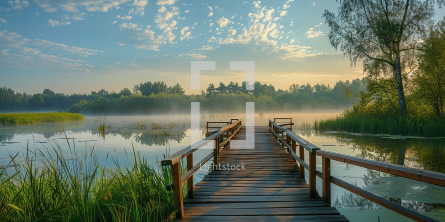 Wooden pier on a lake at sunrise in summer