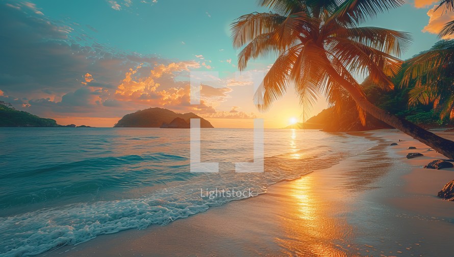  Sunset illuminates a tropical beach with palm trees and serene ocean waves