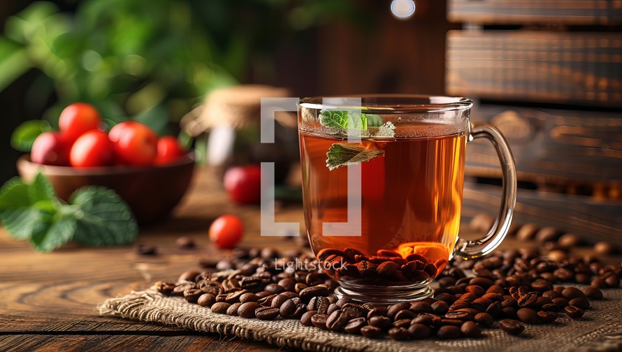  Steaming tea with mint on a table scattered with coffee beans