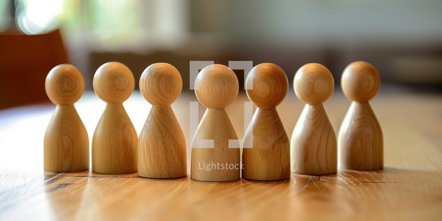 Group of wooden people standing in a row on a wooden table.