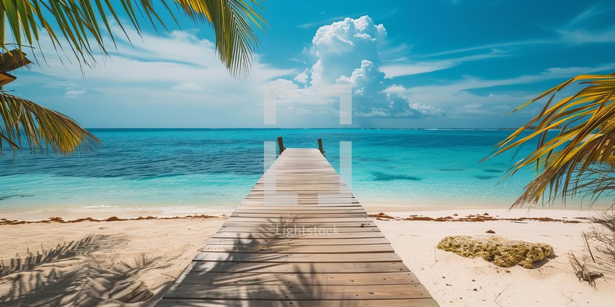 Wooden pier on tropical beach with palm trees, blue sky and white sand