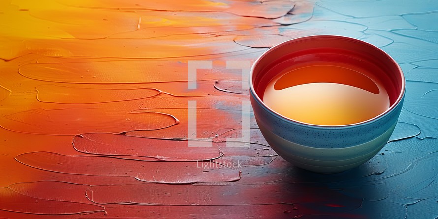 Cup of tea on a background of colored oil paints.