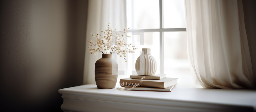 Home interior. Living room interior with books, ceramic vase with dried flowers and window. 