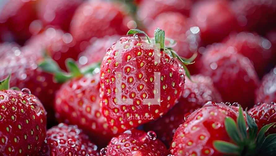 Close up of fresh, ripe strawberries with water droplets