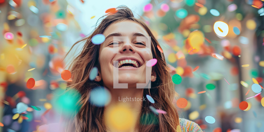 Portrait of happy young woman with confetti in the city.