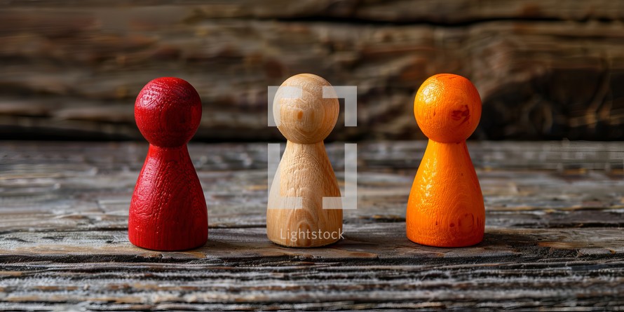 Wooden figures of people on a wooden background. Selective focus.