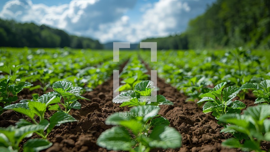 Young potato plants growing on the field in summer. Agricultural background.