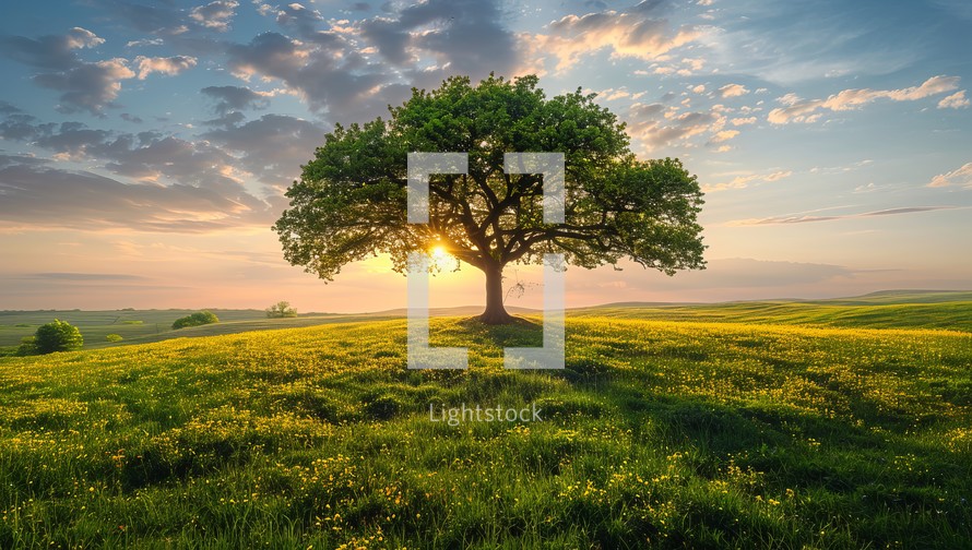 Beautiful summer landscape with lonely tree on green meadow at sunset