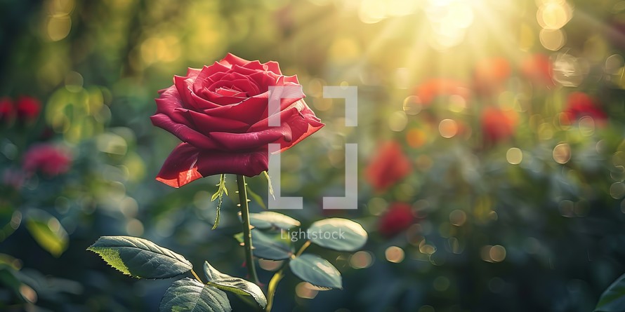 Beautiful red rose flower in the garden with sun light background.
