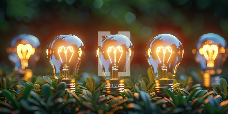  Illuminated light bulbs on lush green grass symbolizing innovative ideas